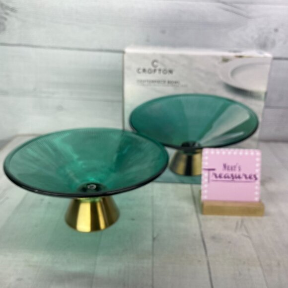 Crofton ALDI Blue Green Glass 10" Bowl With Gold Finish Metal Base Centerpiece - Picture 1 of 16